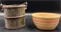 Antique Primitive Bucket & Stoneware Bowl