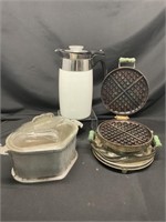 Vtg Corningware Coffee Pot, Waffle Iron, Pan