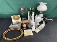 Tin, plastic kitchen canister, milk glass lamp,
