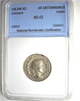 238-244 AD Gordian III NNC MS63 AR Antoninianus