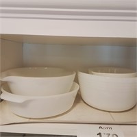 3 assorted, white casserole bowls