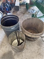 2 metal buckets/wooden buckets/railroad spikes