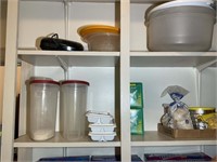 LEFT SIDE TOP 3 SHELVES IN PANTRY INCLUDING POTS,