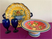Talavera Style Platter & Fruit Bowl w Blue Glasses