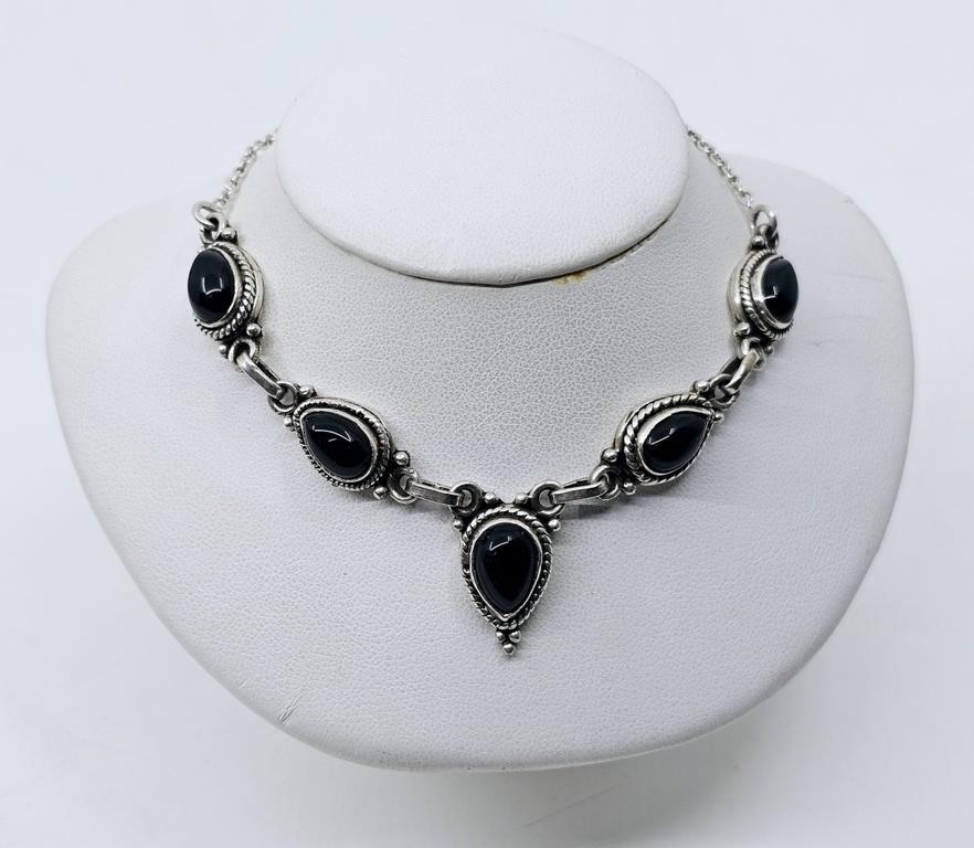 Sterling Silver Necklace set with Onyx Stones