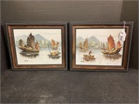 PR FRAMED OIL ON BOARD - CHINESE TRADING BOATS -