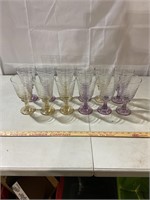 12 Glass goblets, purple and amber, 7 1/2” tall
