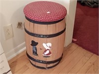 wood barrel seat with Amish couple painted on