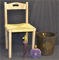 Side Chair, Wire Basket & Oil Lamp Bottles