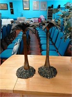 Pair brass palm tree candlestick holders