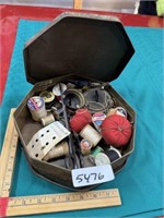 Old sewing box and contents metal tin