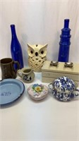 Blue bottles, enamel pan, stoneware creamer, etc