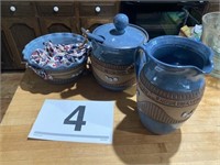 3 piece Blue Pitcher and Bowl