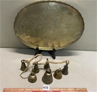 GREAT LOT OF BRASS BELLS AND TRAY
