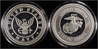 (2) 1 OZ .999 SILVER ROUNDS, NAVY & MARINE CORPS