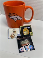 3 Denver Bronco Lapel/Hat Pins and Coffee Cup