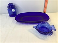 Blue Platter, Fish Dish & Jar with Lid