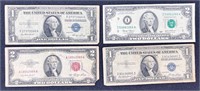 US Currency $1 Dollar Silver Certificates & $2 Red