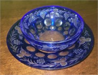 Cobalt Blue Cut Glass Bowl and Saucer