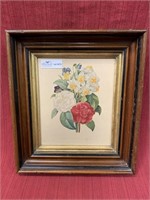 Floral lithograph in walnut shadow box frame