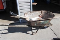 Wheel barrow, shovel & hay hook