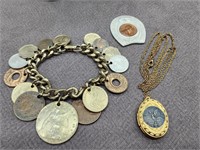 Coin Jewelry.  Coin bracelet,  Coin pendant and