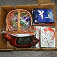 Box Lot of Christmas Cards, Wooden Duck, Basket