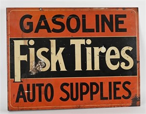 FLANGED GASOLINE FISK TIRES AUTO SUPPLIES TIN SIGN