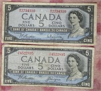 1954 Canada 5 Dollar Bill Lot of 2
