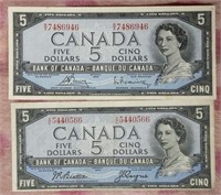 1954 Canada 5 Dollar Bill Lot of 2