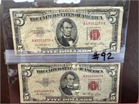 (2) 1953 Series $5.US Note Red Seal-Circulated