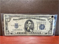 1934A $5. Silver Certificate -VF