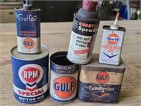Lot of 6 Vintage Metal Gulf & Chesterton Oil Cans