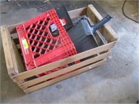 Milk crate, wood box, trash can, 2 dust pans