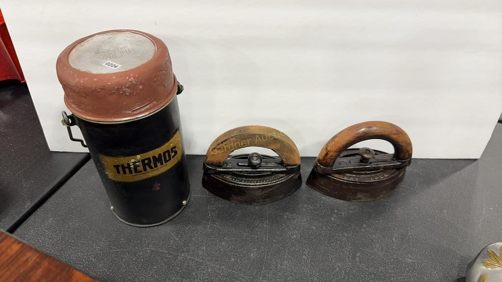 VINTAGE THERMOS & 2 CAST IRON SAD IRONS