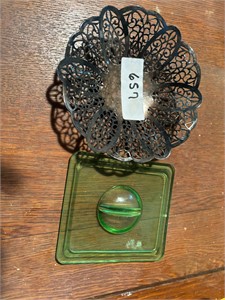 Footed dish and green glass lid