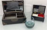 2 jewelry boxes and etched glass cup