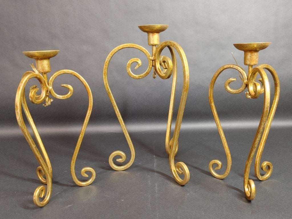 Set of 3 Gold Toned Glittery Candle Stick Holders