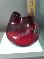 Crackled glass red vase with pinched rim Art Deco