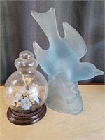 LE Smith Satin Glass Blue Bird & Dried Butterfly