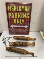 Fisherman Parking Only Sign and 3cnt Wooden Fish