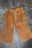 Leather Hide Chaps w/Fringe and Cattle Stamp