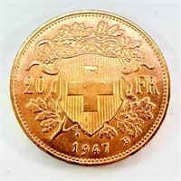 1947 20 Franc Helvetia Gold Coin