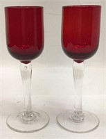 Pair Of Red And Clear Glass Cordials
