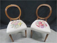 PAIR WALNUT DINERS W/ FLORAL EMBROIDERED SEATS