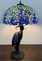 Leaded Art Glass Lamp With Figural Bird Base