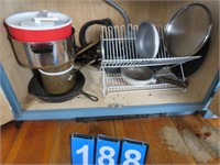 GROUP OF PANS IN CABINET WITH LIDS, SALAD SPINNER