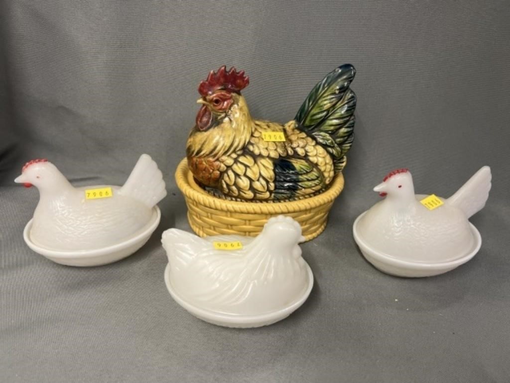 Glass and Porcelain Hens On Nests