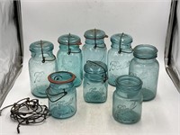 -8 vintage blue glass ball canning jars with