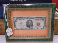 RED SEAL FIVE DOLLAR BILL IN FRAME